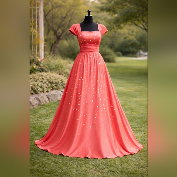 Dresses & Skirts - Coral Red Prom Dress Small | Sparkle Detail Skirt | Elegant Formal Gown